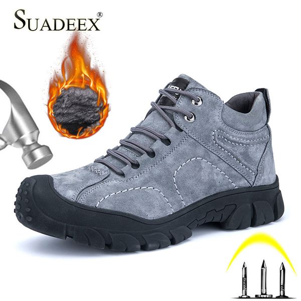 

suadeex men warm safety boots steel toe winter plush work shoes safety footwear working boots for men male size 38-48, Black