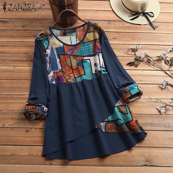 

zanzea women vintage printed blouse autumn long sleeve cotton linen casual pacthwork shirts femininas blusas floral, White