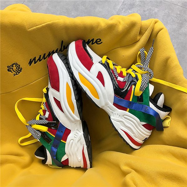 

2019 new fashion couple chunky shoes thick sole height increase women casual shoes lightweight breathable men sneakers, Black