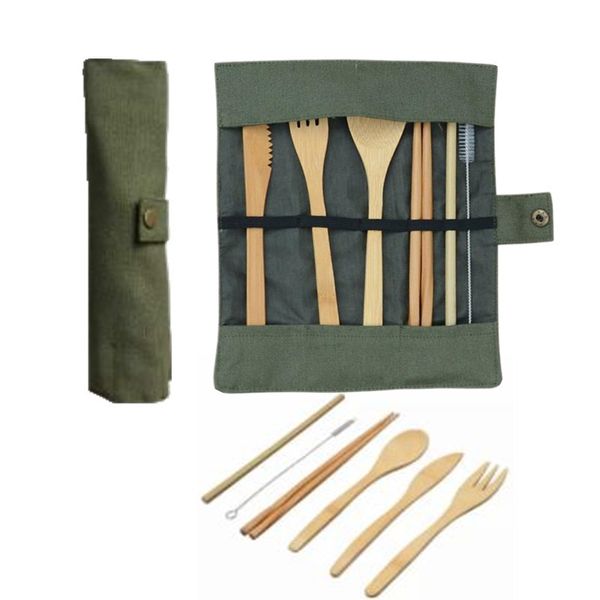 

7pcs/set wooden dinnerware set bamboo teaspoon fork soup knife catering cutlery set with cloth bag kitchen cooking tools utensil