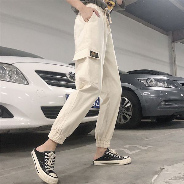 

harajuku loose casual cargo pants women drawstring high waist elastic bound feet overalls femme leisure street wear sweat pants, Black;white