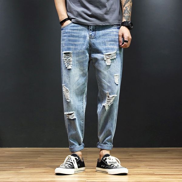 

jeans ankle-length men hole spring ripped bleached pleated loose denim harem pants male, Blue