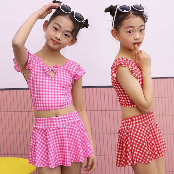

hurun children's girl's plaid split swimsuit medium and big children's boxer lovely spring swimsuit, White;black