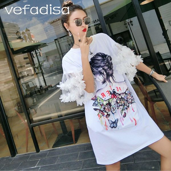 

qing mo petal sleeve and tees 2018 summer clothes character print t shirt for women plus size shirt with sequin adq307, White