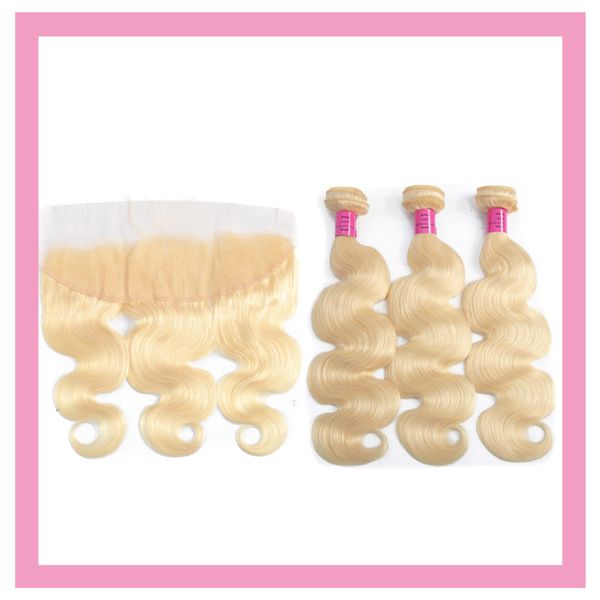 

malaysian 100% human hair blonde pure 613# body wave bundles with 13x4 lace frontal pre plucked body wave hair wefts with frontal 4 pieces, Black;brown