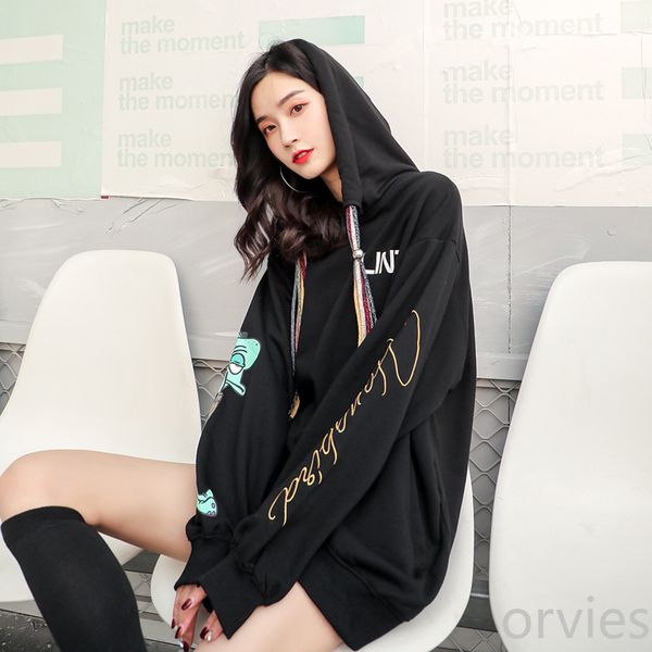 

осень и зима новых женщин уличной моды свободный черный с капюшоном с капюшоном головной убор вышивка личность тенденция куртка, Black