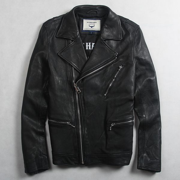 

men's leather & faux avirexfly fashion genuine jacket with zipper pockets slim fit biker men black real for