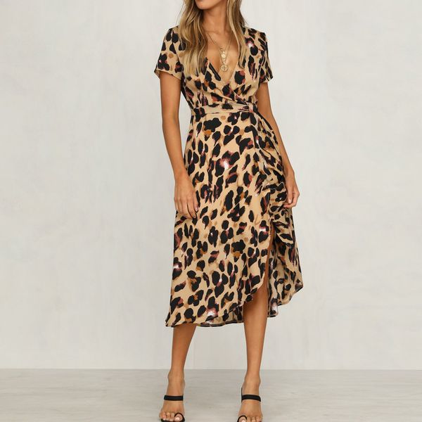 Damen Leopard Print Boho Maxi Kleid Damen Urlaub Langes Kurzarm Kleid