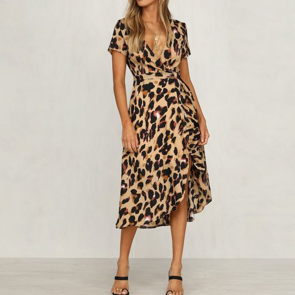 Mulheres Leopard Print Boho Maxi Vestido De Senhoras De Férias De Manga Curta Vestido Longo