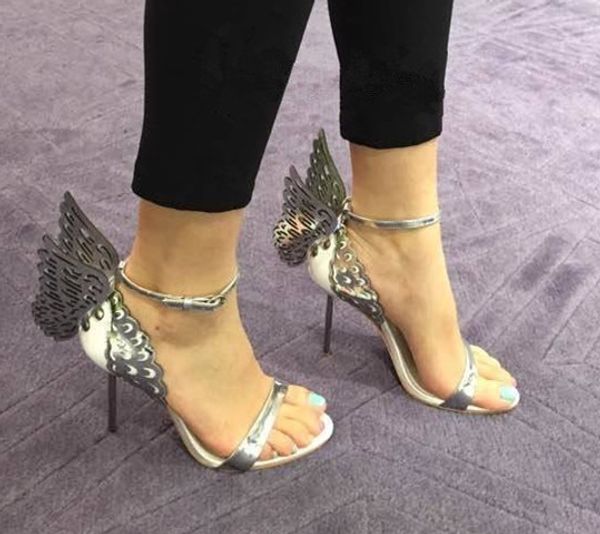 Şık Seksi Sıcak Stil Yaz Melek Kanat Sandalet Yeni Kelebek Rhinestone Kakma Deri Sandalet Stiletto Sandalet 34-42 Euro