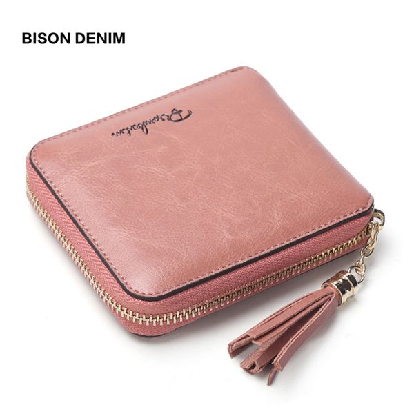 

bison denim women purse holders cowhide genuine leather women wallet tassel zipper purse p slot luxury wallet n9336, Red;black
