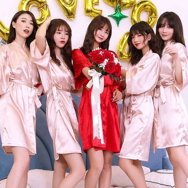 

2019 summer silk satin lingerie kimono bride robes bridesmaid robe for women print bathrobe sleepwear homewear home clothes, Black;red