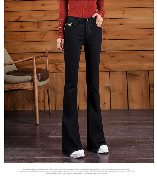 

deep black the spring and autumn period and the new high waist drape bootleg jeans trousers of female elastic thin black loose flares female, Blue
