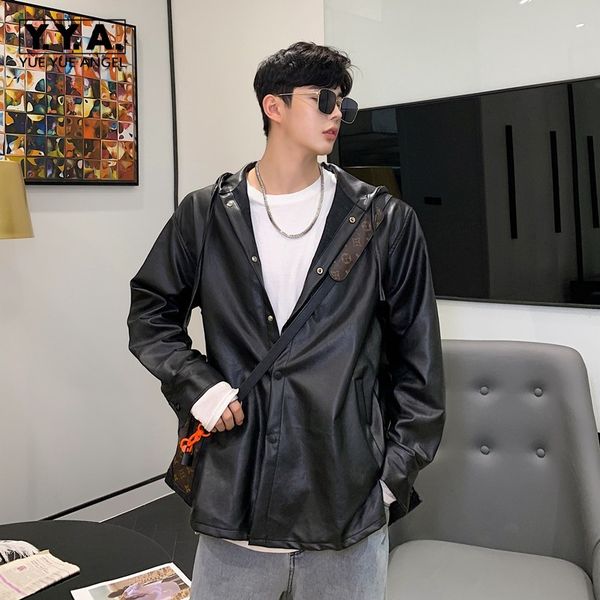 

motorcycle korean mens casual pu leather jackets autumn long sleeve single breasted loose male fashion outerwear hooded coats, Black