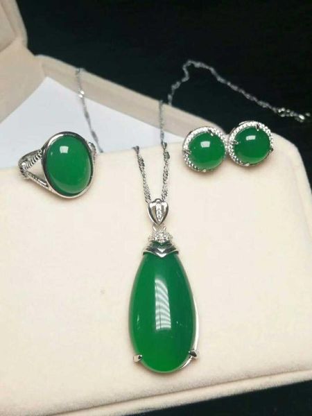 

natural green jade 925 ring silver necklace pendant earrings set jade jewelry, Black