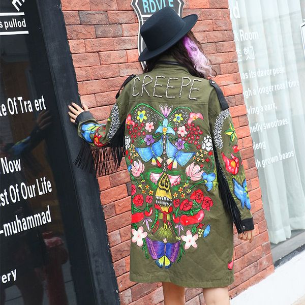 

sexemara korean rivet wild coat printing tassel zipper windbreaker ing, Tan;black