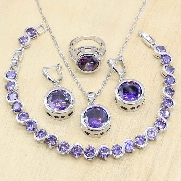 

round purple zirconia 925 logo silver jewelry sets for women bracelet necklace pendant earrings ring wedding birthday gift, Slivery;golden