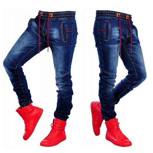 

monerffi men jeans drawstring patchwork jeans pencil pants elastic waist skinny men trousers hip hop streetwear 2020 pants, Blue