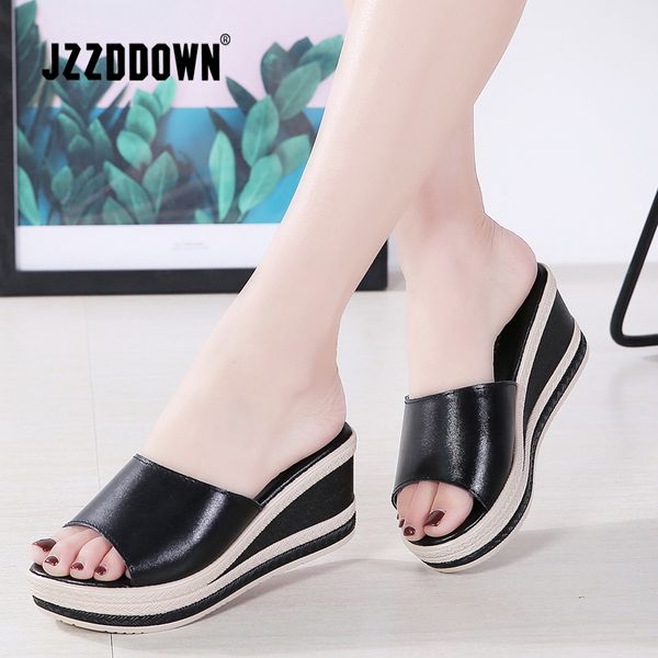 

jzzddown genuine leather summer open toe flip flops women wedges slippers black white slides sandals y200624