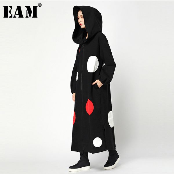 

eam] loose fit hooded dot printed woolen coat parkas new long sleeve big size women fashion tide autumn winter 2019 jy733, Black