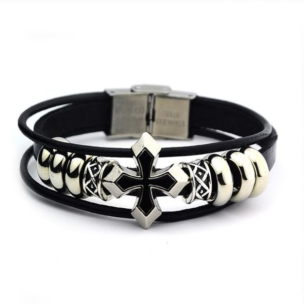 

men's braided leather bracelet multi-layer wristband with cross decoration stainless steel safety hook jewelry, White