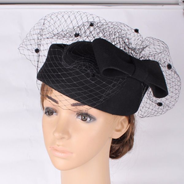 

fashion black 100% wool fascinators bow hat base with dot veil cocktail hats bridal veils occasion hair accessoires, Blue;gray