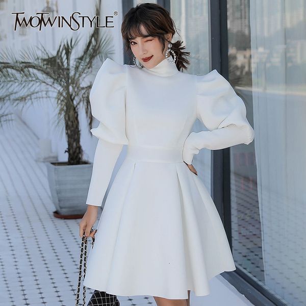 

twotwinstyle elegant dresses for female turtleneck puff long sleeve high waist ruffles slim women's dress 2019 fashion clothing, Black;gray