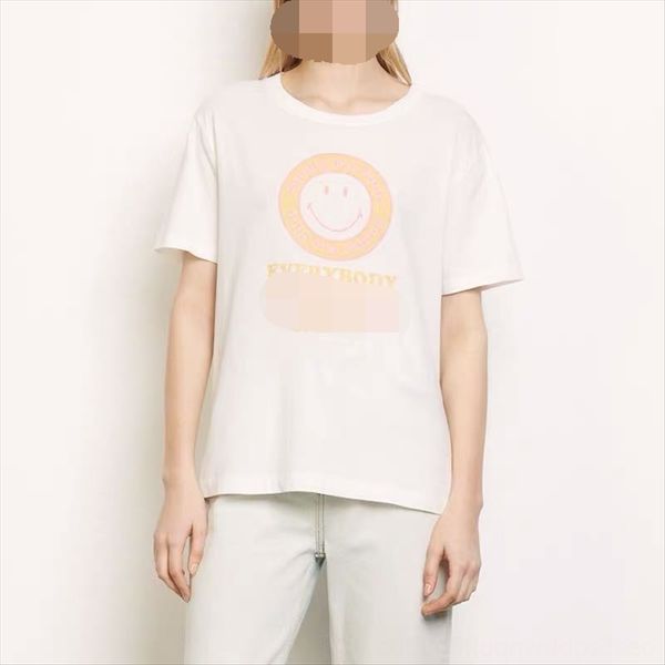 

2020 all-match cotton smiling face short sleeve smiling face leisure cotton casual chest large print street leisure, White