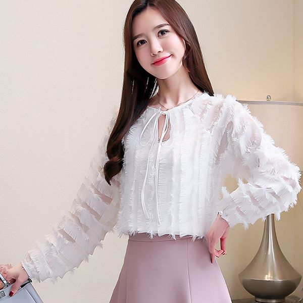 

ruched lace womens and blouses ladies long-sleeved raw edge fringe chiffon shirts 2019 blusas chemisier ali17, White