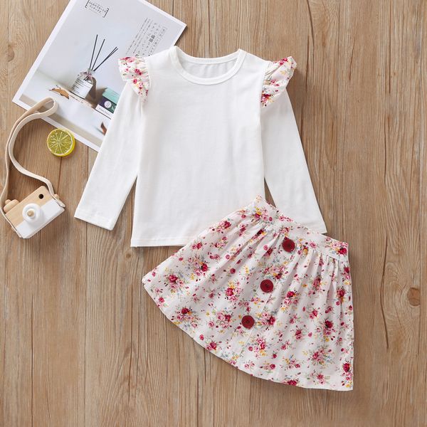 

children's clothing toddler baby kid girls ruched t-shirt floral skirt dress casual set outfits fashion casual vetement#7, White