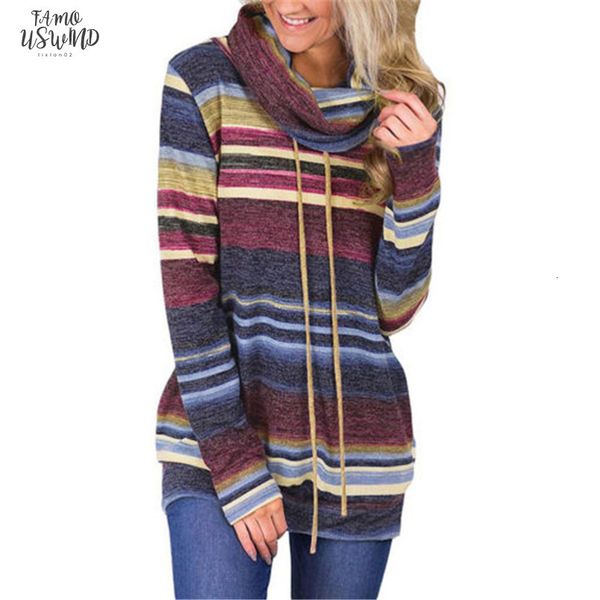 

fashion ladies casual t shirt 2020 women autumn spring striped loose t shirt turtle neck long sleeve baggy t shirt, White