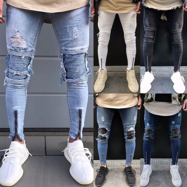 

men's warm jeans distressed ripped jeans mens hole moto black denim pants slim skinny fit trousers jean homme, Blue