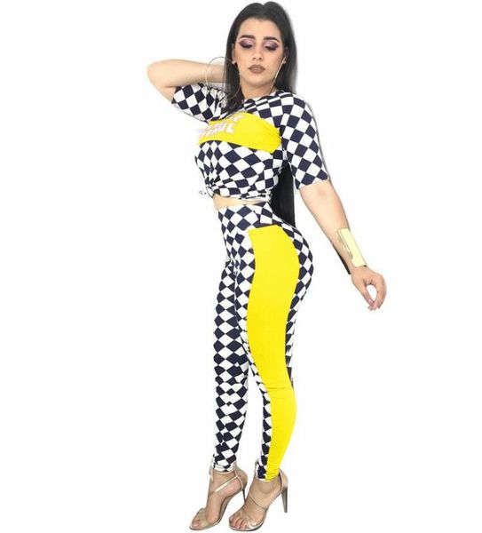 

2 piece set women checkerboard plaid letter print and bodycon pants suit tracksuit two pieces summer outfits female, White