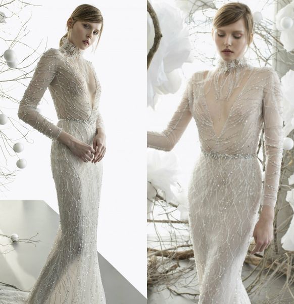 

lace mermaid wedding dresses deep v neck lace sequins beads long sleeve beach wedding dress illusion bodice country bridal gowns, White