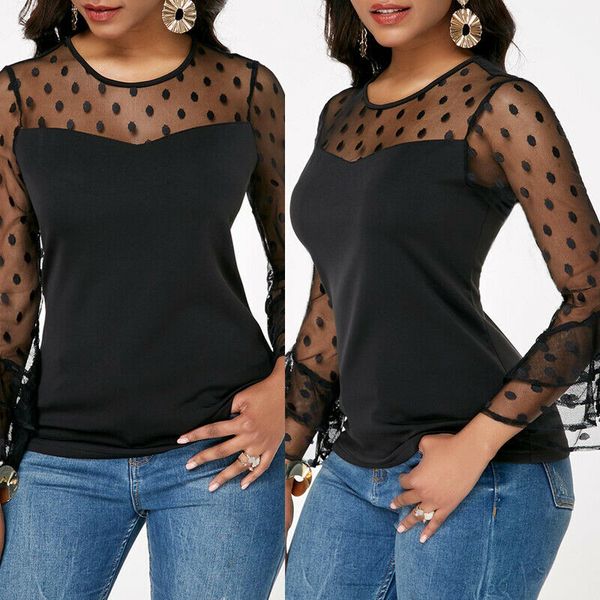 

2019 fashion women o-neck ladies loose long sleeve polka dot blouses female black casual summer blouses new arrival, White