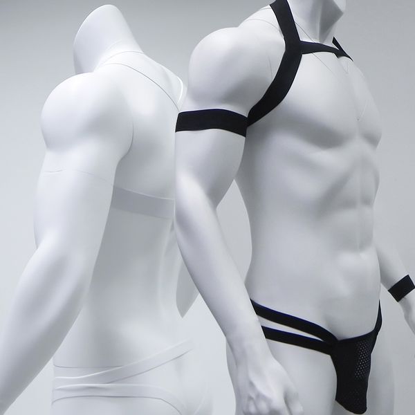 

men's body chest harness belt lingerie thongs & g-string set high elastic strap bondage bandage gay interest clubwear costume cosplay, Black