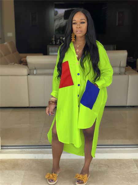 

летние женские свободные рубашки платья большие карманы контрастный цвет женские платья плюс размер однобортные сплит панельные женские руба, Black;gray