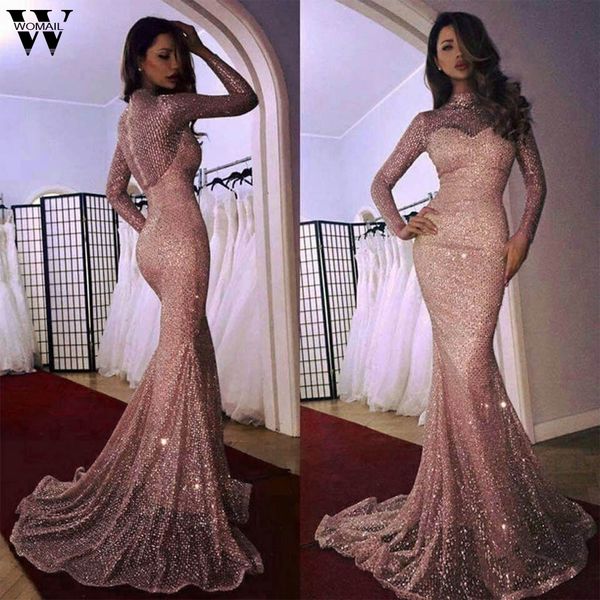 

womail dress woman new summer sequined mermaid lace o-neck holiday floor-length party night elegant fashion beach 2019 a16, Black;pink