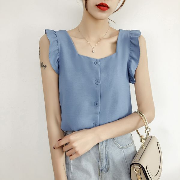 

chiffon tank women summer sleeveless square neck elegant ladies ruffle beige white blue red yellow tank female