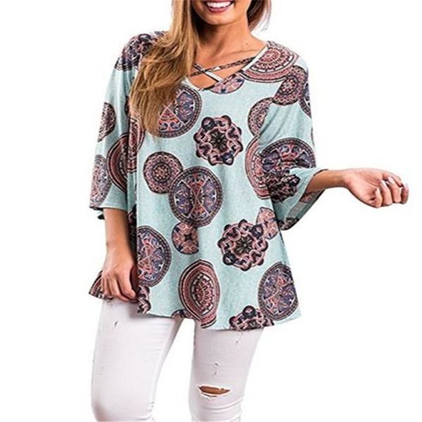 

Trendy Women Summer Casual Floral three quarters sleeve T-Shirts V-neck Geometry Polyester Loose Tops Plus Size one pieces