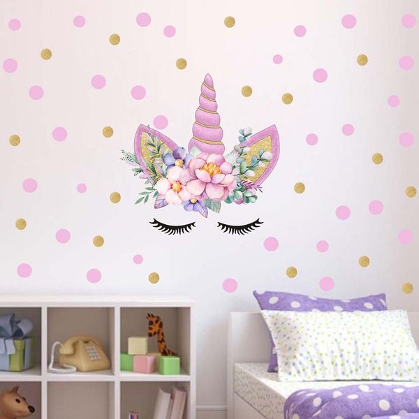 

pink unicorn wall sticker cartoon animals polka dot flower decals kids room nursery bedroom wallpaper art murals home decoration