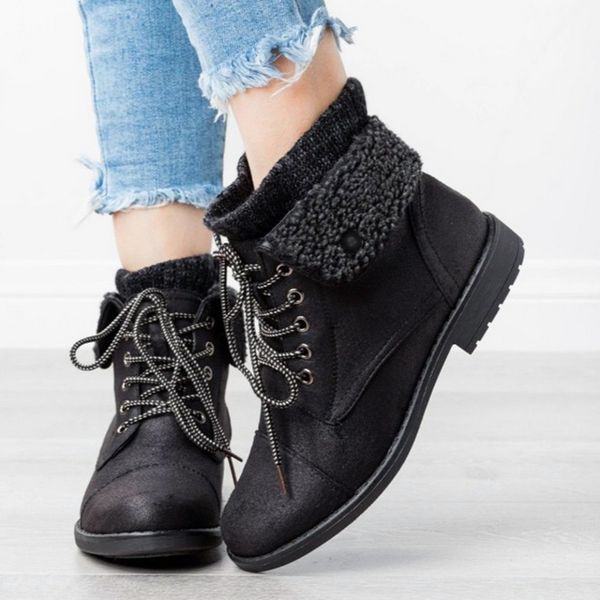 

snow boots 2019 warm fur plush insole women winter boots square heels pu ankle women shoes lace-up winter shoes woman, Black