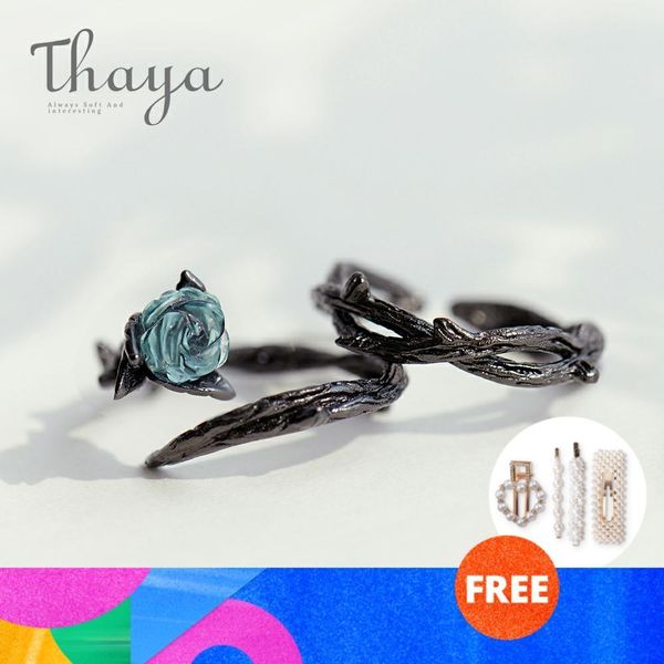 

thaya rose thorns s925 silver rings blue crystal rose flower vintage plant valentine's gift for women knot black fine jewelry