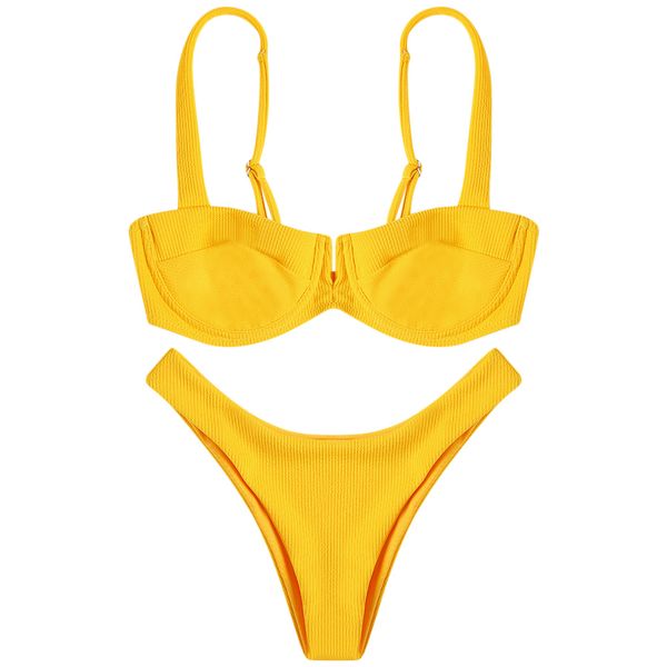 

langstar summer shoulder strap backless underwire ribbed solid color low waist women bikini set separate female swimsuit new