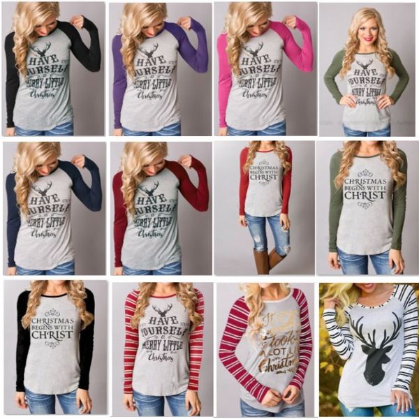 

s-3xl christmas women t-shirt cotton printed elk reindeer pullover t-shirt for striped long sleeve sweatshirt blouse skirts fa2609, Blue;gray