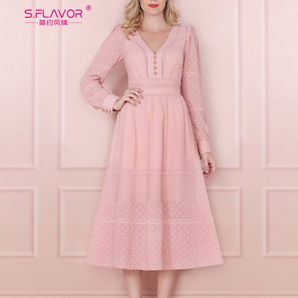

s.flavor elegant button women dress spring fashion long sleeve a-line vintage vestidos female v neck hollow out midi dress, Black;gray