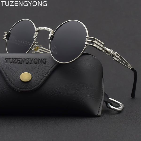 

classic gothic steampunk fashion polarized men sunglasses round women brand designer vintage metal sun glasses uv400 oculos cx200706, White;black