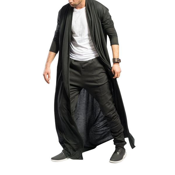 

men trench coat streetwear short sleeve casual long cardigan solid color cool fashion men windbreaker long outerwear clothes, Tan;black