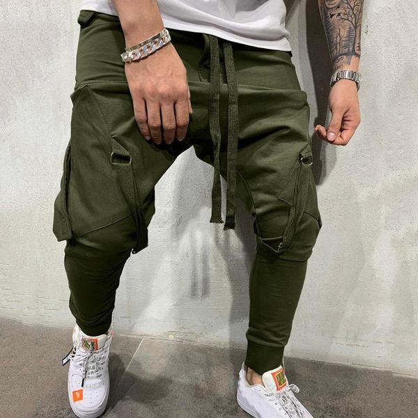 

multi-pocket harem pants men solid streetwear casual jogging trouser solid hip hop pantalones hombres, Black