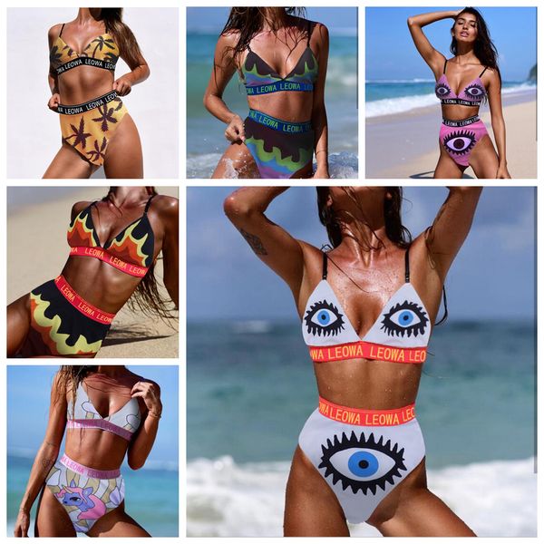 

eye letter printed swimwear 2pcs/set 8 colors women two-pieces printed bathing suit letter bikini beach swimsuit ooa6589-1, White;black